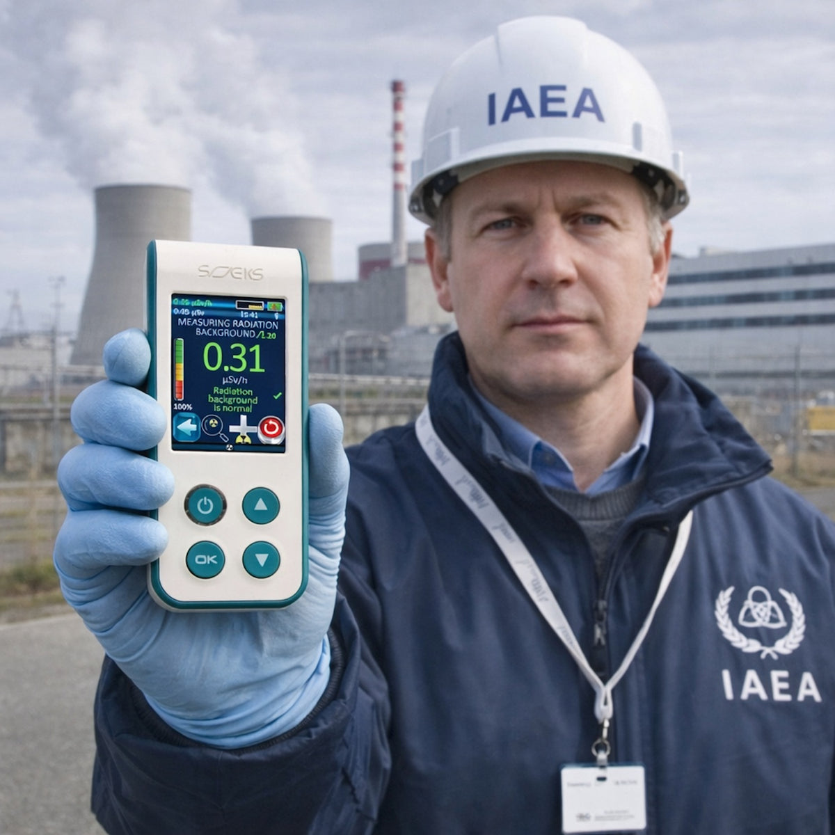 IAEA inspector holding SOEKS 01M NEO dosimeter at a nuclear power plant