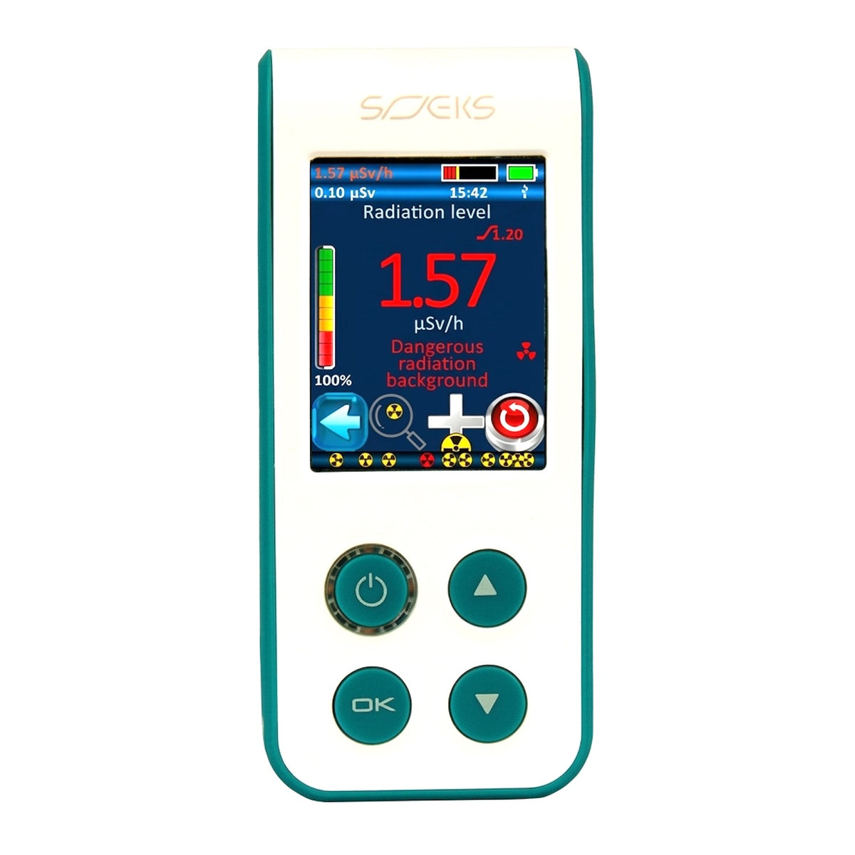 SOEKS 01M NEO dosimeter display showing dangerous radiation warning