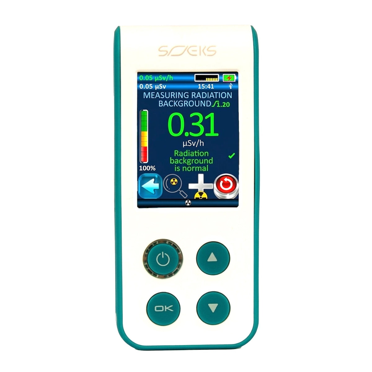 SOEKS 01M NEO dosimeter display showing normal radiation background