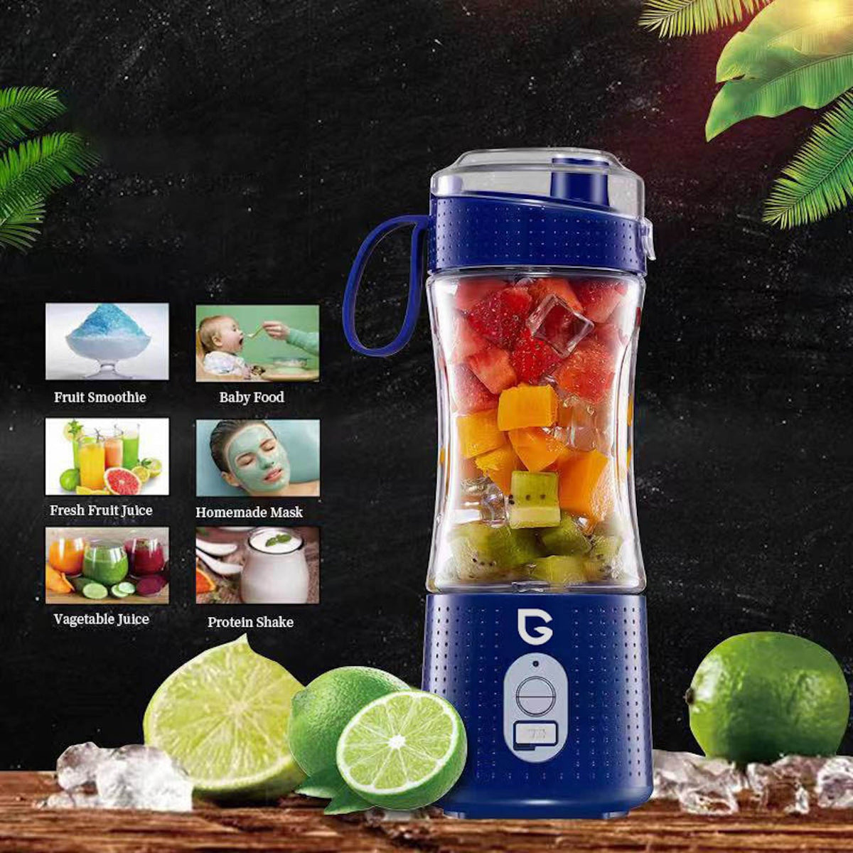 GreenTest portable blender in dark blue, features