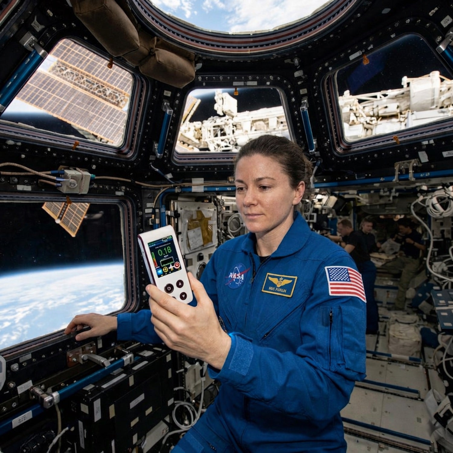 SOEKS 02M DUO Professional Radiation Detector - American astronaut inside the International Space Station in hand with Dosimeter 02M DUO