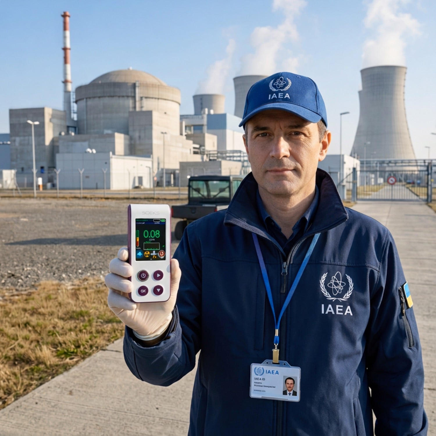 Person in IAEA uniform holding a Professional Dosimeter 02M DUO in front of a nuclear power plant