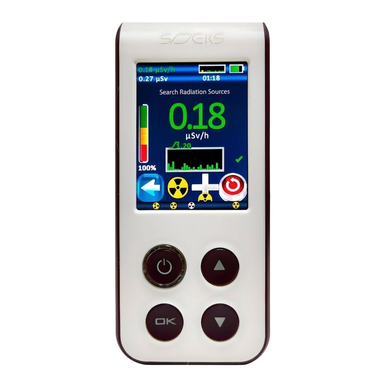 Radiation detector with digital display on a white background