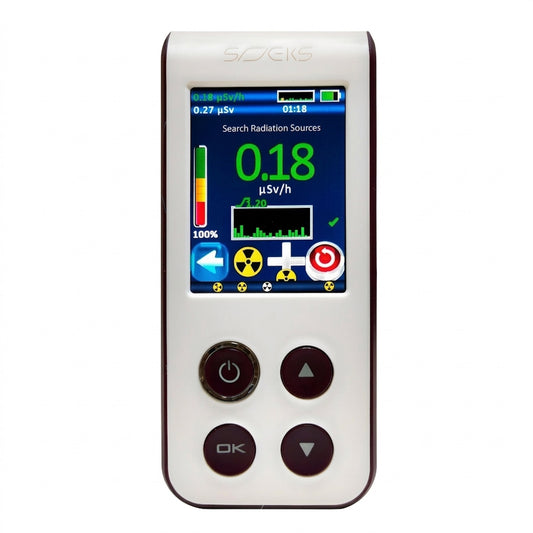 Radiation detector with digital display on a white background