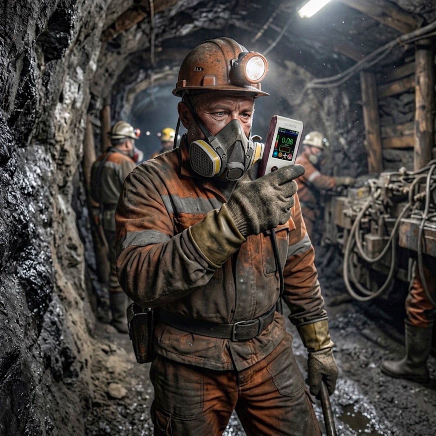 Miner in a coal mine holding a Dosimeter 02M DUO, wearing protective gear